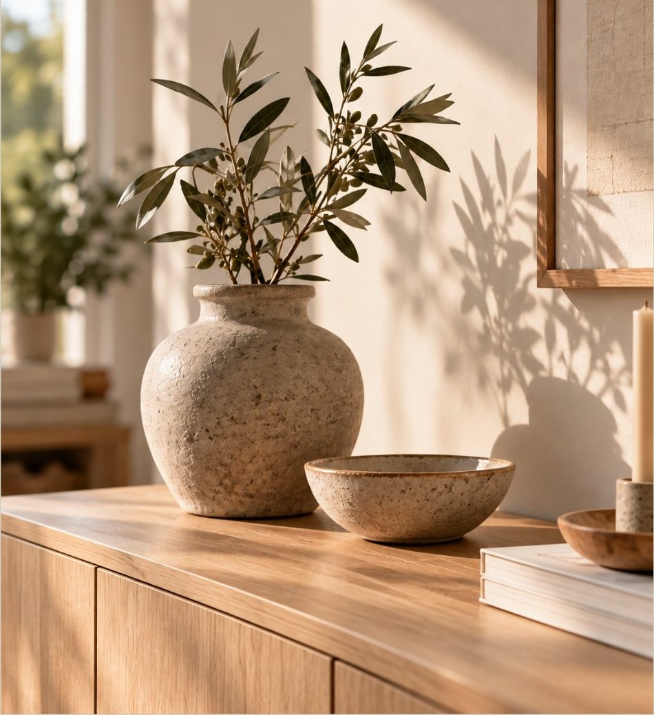 Vase und Schale auf Holzablage
