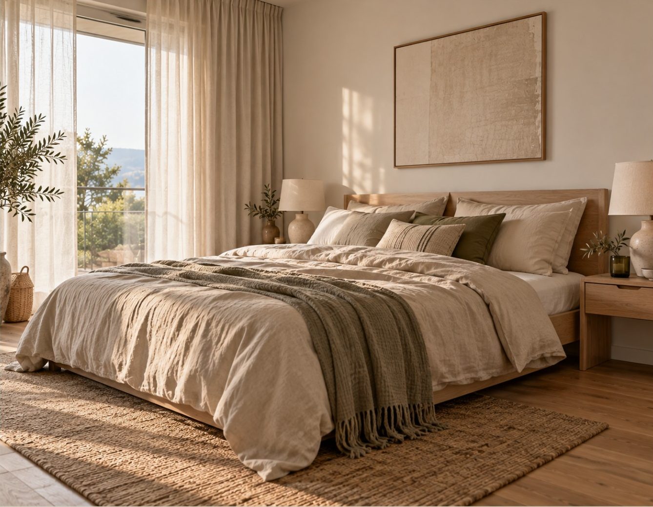 Schlafzimmer mit Leinenbettwäsche
